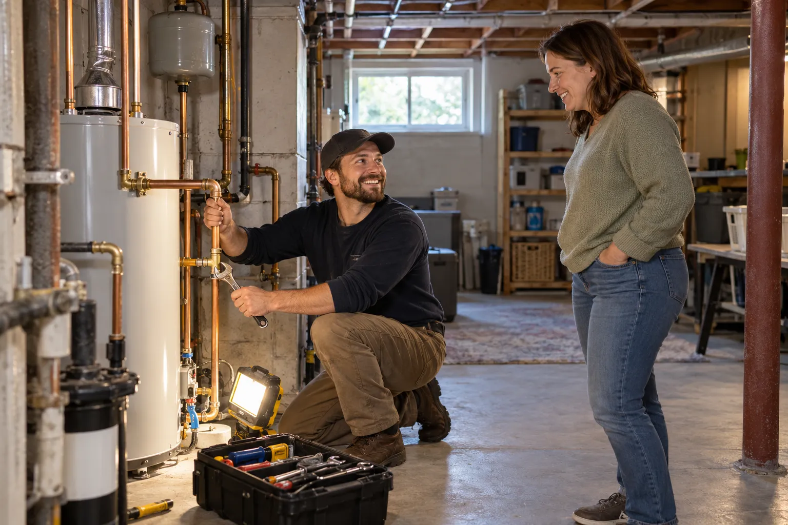 A local plumber checking a copper pipe under a kitchen sink in a Oklahoma City area home