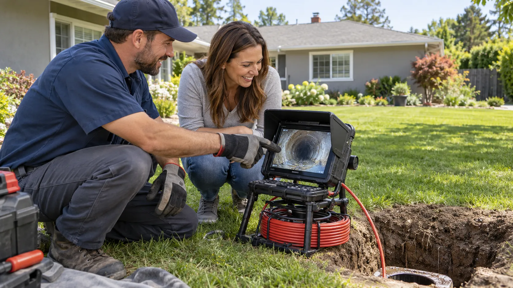 Friendly plumbing provider showing a homeowner a sewer camera inspection on a monitor in a yard near Oklahoma City